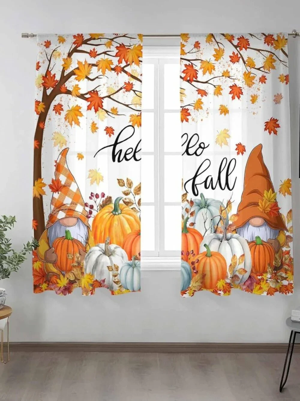 Thanksgiving Gnome Pumpkin Semi-Sheer Curtains, Fall Maple Leaves Drapes, 63